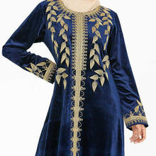 Load image into Gallery viewer, Abaya Muslim Fashion Oversized Size Women&#39;s Dark Blue Embroidered Arabic Gold Velvet Dress With Headscarf Moroccan Woman Clothes