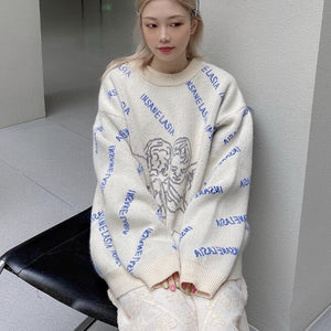 Angel Pattern Women Sweater Oversized Streetwear Retro Lazy Pullover Trendy Brand O Neck Fashion Harajuku Sweaters 2021 Winter