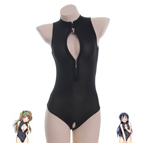 Anime Sexy One-Piece Jumpsuits Cosplay Costume Bikini Sukumizu Swimsuit Zipper Open Boobs Crotch Thin Women Bodysuit