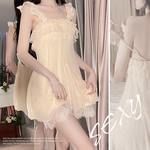 Apricot Sweet Gauze Nightdress Women Sleepwear Lace Camisole Sexy Lingerie Teen Girl Backless Nightgown Sleep Tops Summer Dress
