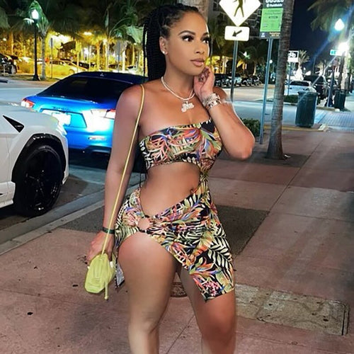 Asymmetrical Floral Print Slit Bodycon Dress Women 2021 Fashion Party Summer Vacation Holiday Backless Cut Out Short Dresses