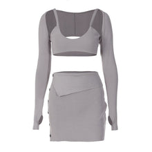 Load image into Gallery viewer, Asymmetry Hollow Out Patchwork Office Lady Suit Pure Color Camisole Vest Vest Long Sleeve T Shirt Sexy Slit Bag Hip Skirt Suit