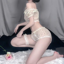 Load image into Gallery viewer, Atasan + Celana Dalam + Cincin Kaki Pakaian Dalam Bintang Tipis Seksi Set Kasa Wanita Transparan dari Bahu Lengan Ruffle Menggoda Lingrie 2022