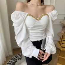 Load image into Gallery viewer, Atumn Y2K Chiffon Blouse Shirt Women Long Sleeve White Sexy Elegant Crop Tops Female Casual High Street Elegant Korean Tops 2021