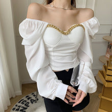 Load image into Gallery viewer, Atumn Y2K Chiffon Blouse Shirt Women Long Sleeve White Sexy Elegant Crop Tops Female Casual High Street Elegant Korean Tops 2021