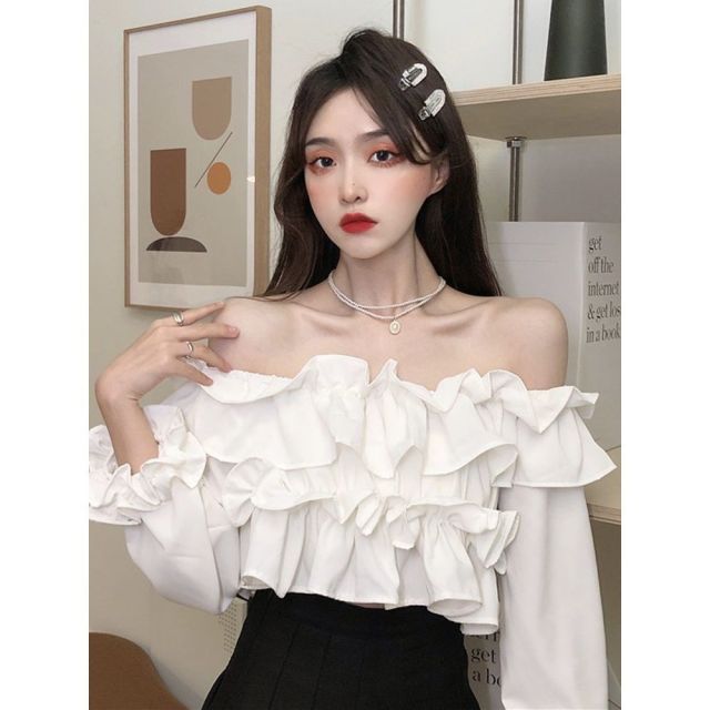 Autum White Sexy Crop Tops Women French Ruffled Long Sleeve Sweet Blouse Shirt Female High Street Korean Kawaii Tops 2021 New