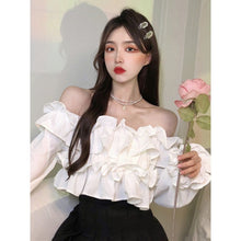 Load image into Gallery viewer, Autum White Sexy Crop Tops Women French Ruffled Long Sleeve Sweet Blouse Shirt Female High Street Korean Kawaii Tops 2021 New