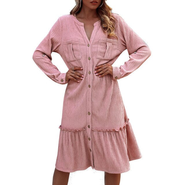 Autumn 2021 Dress for Women Pink Long Sleeves Ruffle Dress Roll Up Sleeve Button Down V Neck Elegant Ladies Party Dress