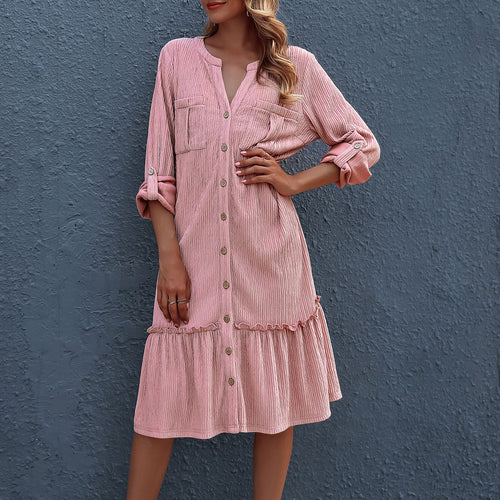 Autumn 2021 Dress for Women Pink Long Sleeves Ruffle Dress Roll Up Sleeve Button Down V Neck Elegant Ladies Party Dress