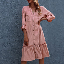 Load image into Gallery viewer, Autumn 2021 Dress for Women Pink Long Sleeves Ruffle Dress Roll Up Sleeve Button Down V Neck Elegant Ladies Party Dress