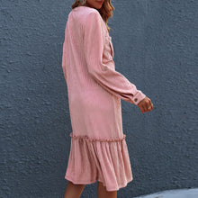 Load image into Gallery viewer, Autumn 2021 Dress for Women Pink Long Sleeves Ruffle Dress Roll Up Sleeve Button Down V Neck Elegant Ladies Party Dress