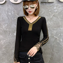 Load image into Gallery viewer, Autumn 2021 New Long Sleeve Women&#39;s T-Shirt Fashion V-Neck Hot Drilling Lace Tops Elegant Slim Black tshirt Blusas