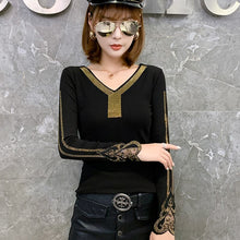 Load image into Gallery viewer, Autumn 2021 New Long Sleeve Women&#39;s T-Shirt Fashion V-Neck Hot Drilling Lace Tops Elegant Slim Black tshirt Blusas