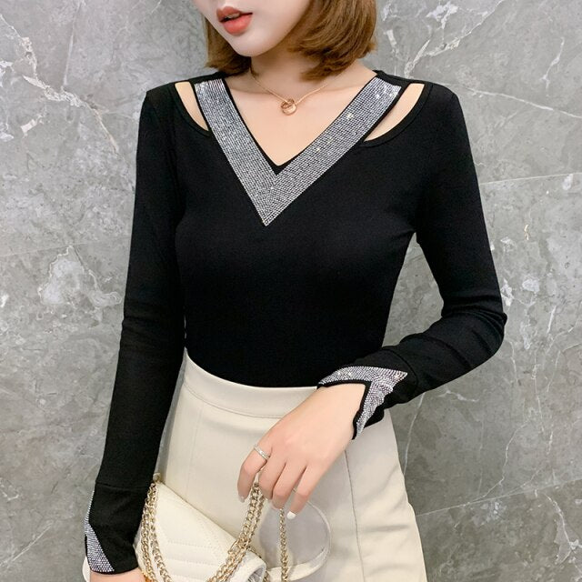 Autumn 2021 New Women's T-Shirt Fashion Casual Long Sleeve V-Neck Diamond Mesh Tops Plus Size V-Neck Female Shirt