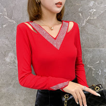 Load image into Gallery viewer, Autumn 2021 New Women&#39;s T-Shirt Fashion Casual Long Sleeve V-Neck Diamond Mesh Tops Plus Size V-Neck Female Shirt
