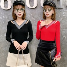 Load image into Gallery viewer, Autumn 2021 New Women&#39;s T-Shirt Fashion Casual Long Sleeve V-Neck Diamond Mesh Tops Plus Size V-Neck Female Shirt