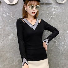 Load image into Gallery viewer, Autumn 2021 New Women&#39;s T-Shirt Fashion Casual Long Sleeve V-Neck Diamond Mesh Tops Plus Size V-Neck Female Shirt