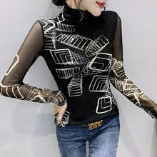 Load image into Gallery viewer, Autumn 2021 New Women&#39;s T-Shirt Fashion Casual Turtleneck Long Sleeved Print Black Mesh Tops M-3XL Plus Size Female Clothing