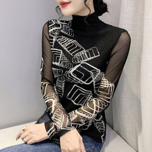 Load image into Gallery viewer, Autumn 2021 New Women&#39;s T-Shirt Fashion Casual Turtleneck Long Sleeved Print Black Mesh Tops M-3XL Plus Size Female Clothing