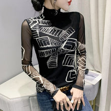 Load image into Gallery viewer, Autumn 2021 New Women&#39;s T-Shirt Fashion Casual Turtleneck Long Sleeved Print Black Mesh Tops M-3XL Plus Size Female Clothing