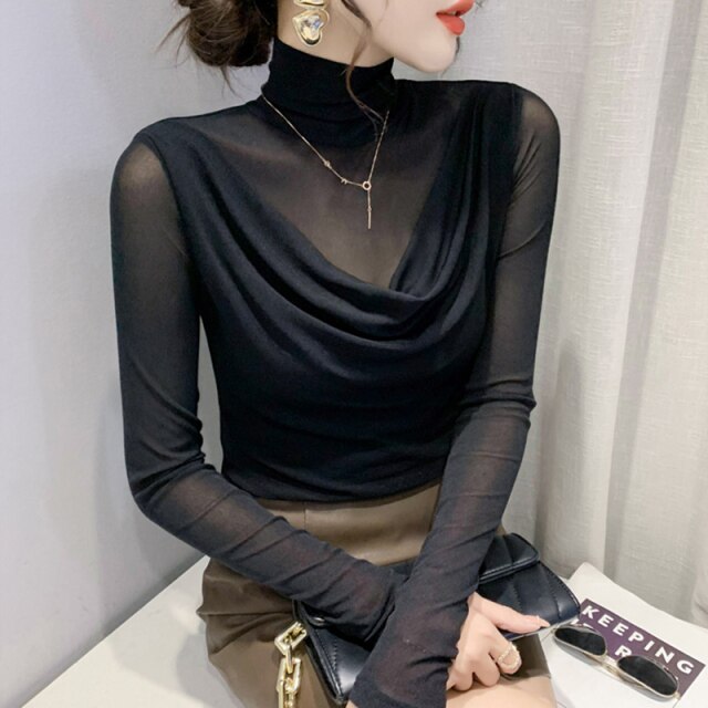 Autumn 2021 New Women's T-Shirt Fashion Casual Turtleneck Mesh Shirt Elegant Slim Long Sleeve Female Tops