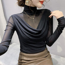 Load image into Gallery viewer, Autumn 2021 New Women&#39;s T-Shirt Fashion Casual Turtleneck Mesh Shirt Elegant Slim Long Sleeve Female Tops