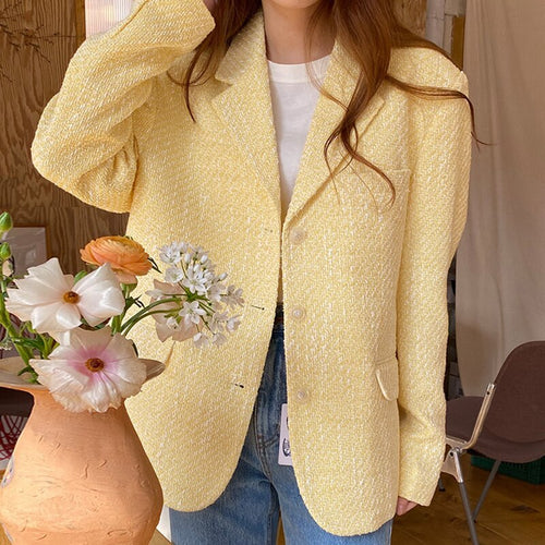 Autumn 2022 Tweed Womens Blazers Notched Collar Loose Casual Vintage Korean Style Suit Coat Women Elegant Office Lady Tops