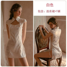 Load image into Gallery viewer, Autumn And Winter Sexy Satin Silky Cheongsam Women Anime Cosplay Uniform Temptation Suit White Mini Night Dress Home Sleepwear