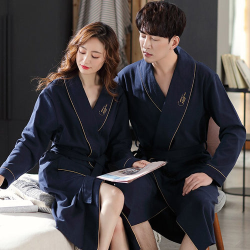 Autumn Bathrobe Lovers 100% Cotton sleep top Kimono Robes For Couple Male Navy Blue Robes Long Bath Robe Bride Robe Dress Gown