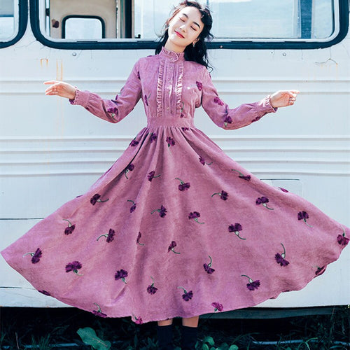 Autumn Bohemian Style Woman Corduroy Dress Vintage Embroidery Floral Elastic Waist Mori Girl Boho Dresses Retro Vestido Festa