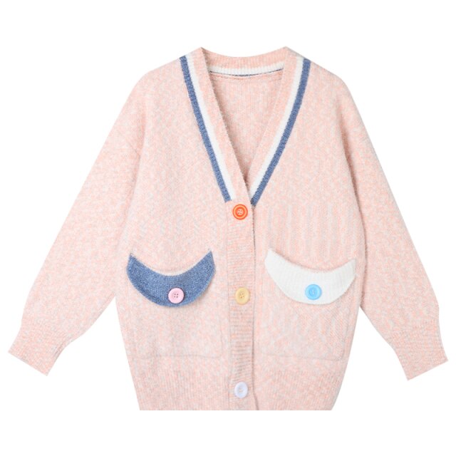 Autumn Casual V-neck Knitted Cardigan Women Colour Button Long Sleeve Sweater Korean Fashion Loose Elegant Designer Coat 2021