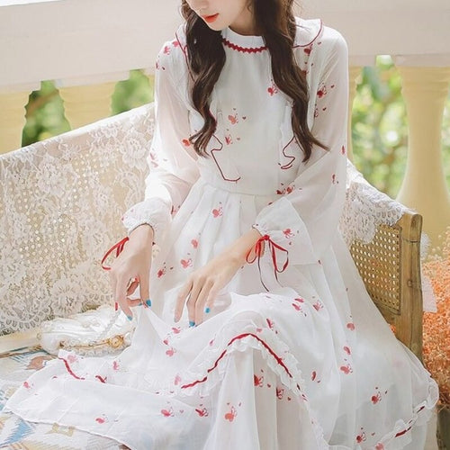 Autumn Elegant Chiffon Floral Dress Women Vintage Print Party Midi Dresses Female Temperament Korean Fashion Designer Dress 2021