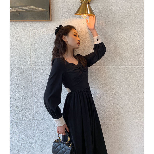Autumn French Retro Long Dress Black Hepburn Style Little Black Dress Temperament Dress Women's Clothing