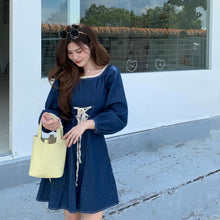 Load image into Gallery viewer, Autumn Long Sleeve Denim Dress Women Lace Patchwork Square Neck Puff Sleeve Mini Dress Teen Girls Fashion Bandage Jeans Dresses
