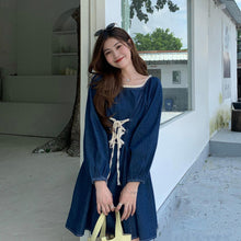 Load image into Gallery viewer, Autumn Long Sleeve Denim Dress Women Lace Patchwork Square Neck Puff Sleeve Mini Dress Teen Girls Fashion Bandage Jeans Dresses