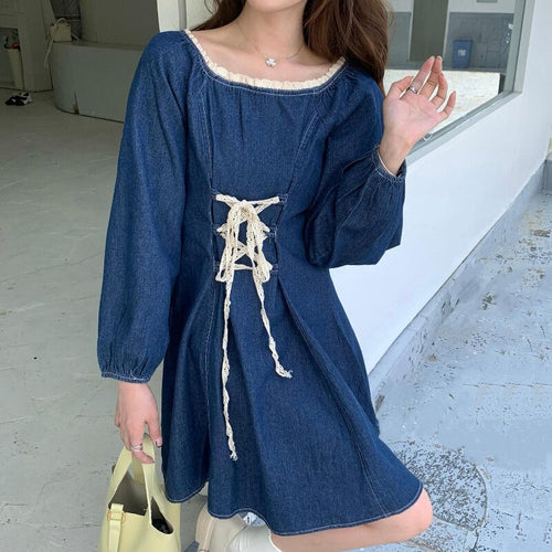 Autumn Long Sleeve Denim Dress Women Lace Patchwork Square Neck Puff Sleeve Mini Dress Teen Girls Fashion Bandage Jeans Dresses