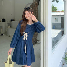 Load image into Gallery viewer, Autumn Long Sleeve Denim Dress Women Lace Patchwork Square Neck Puff Sleeve Mini Dress Teen Girls Fashion Bandage Jeans Dresses