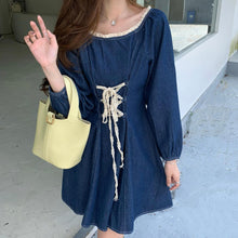 Load image into Gallery viewer, Autumn Long Sleeve Denim Dress Women Lace Patchwork Square Neck Puff Sleeve Mini Dress Teen Girls Fashion Bandage Jeans Dresses