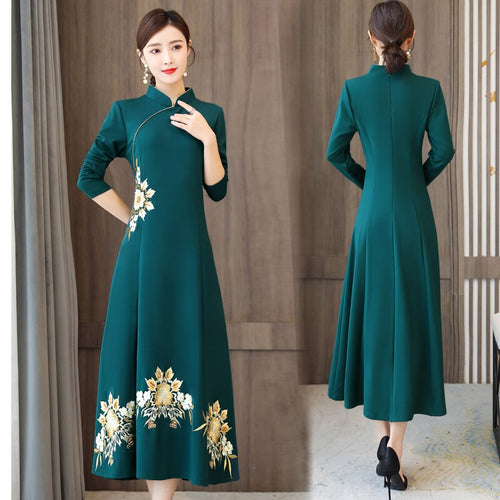 Autumn Long Sleeve Vintage Embroidery Improved Cheongsam Women Plus Size Chinese Style Slim Midi Dress Ladies Elegant Qipao