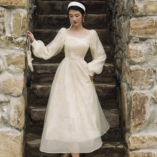 Autumn Mesh Lace Fairy Dress Chic Vintage Embroidery Lantern Sleeve Princess Dresses For Elegant Woman Date Party Vestido Festa