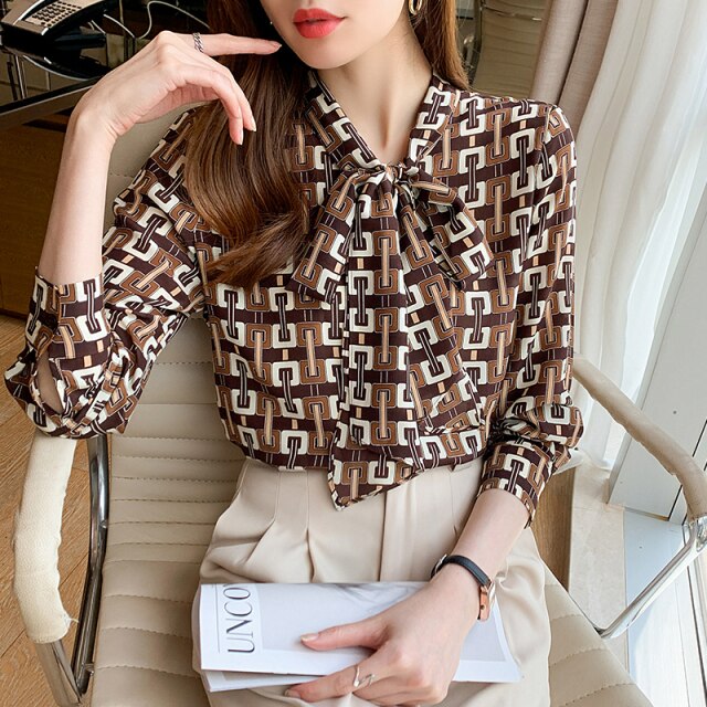 Autumn New Chiffon Shirt Women Tops Fashion Casual Long Sleeved Printed Office Lady Tops Blusas mujer de moda 2021