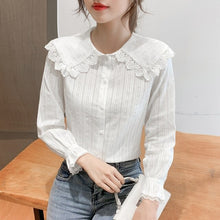Load image into Gallery viewer, Autumn New High-end Women Lace Tops Fashion Casual Flare Long Sleeved Female Blouses Shirt Elegant Slim Doll Collar Clothing