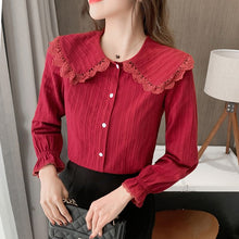 Load image into Gallery viewer, Autumn New High-end Women Lace Tops Fashion Casual Flare Long Sleeved Female Blouses Shirt Elegant Slim Doll Collar Clothing