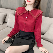 Load image into Gallery viewer, Autumn New High-end Women Lace Tops Fashion Casual Flare Long Sleeved Female Blouses Shirt Elegant Slim Doll Collar Clothing