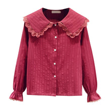 Load image into Gallery viewer, Autumn New High-end Women Lace Tops Fashion Casual Flare Long Sleeved Female Blouses Shirt Elegant Slim Doll Collar Clothing