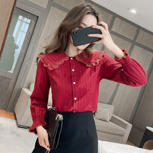 Load image into Gallery viewer, Autumn New High-end Women Lace Tops Fashion Casual Flare Long Sleeved Female Blouses Shirt Elegant Slim Doll Collar Clothing