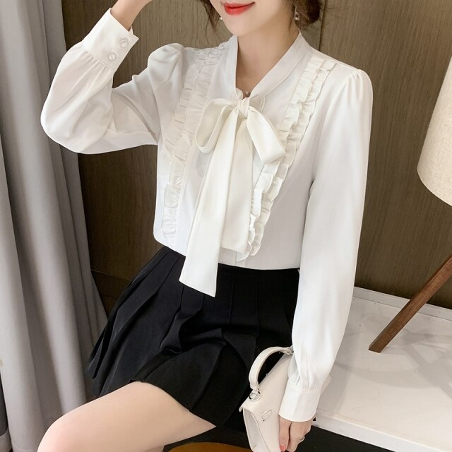 Autumn New Long Sleeved Chiffon Shirt Fashion Casual Bow Ruffles Blouse Elegant Slim Office Lady Tops Clothing