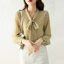 Load image into Gallery viewer, Autumn New Women Chiffon Blouse Fashion Casual High-End Long Sleeved Bow Striped Top Elegant Loose Office Lady Clothing