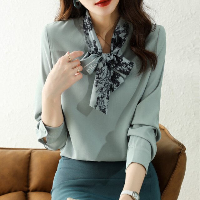 Autumn New Women Chiffon Blouse Fashion Temperament High-End Long Sleeved Office Ladys Shirt Elegant Slim Women Clothing Tops