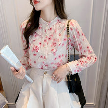 Load image into Gallery viewer, Autumn New Women Chiffon Shirt Fashion Ruffled Floral Print Long Sleeved Blouses Elegant Slim Office Lady Clothing